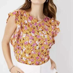 Ann Taylor Women's Large 100% Linen Flutter Sleeves Retro Floral Shirt Blouse